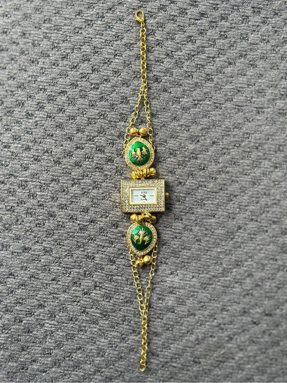 Gold-Tone Bracelet Watch with Emerald Green Enamel Accents